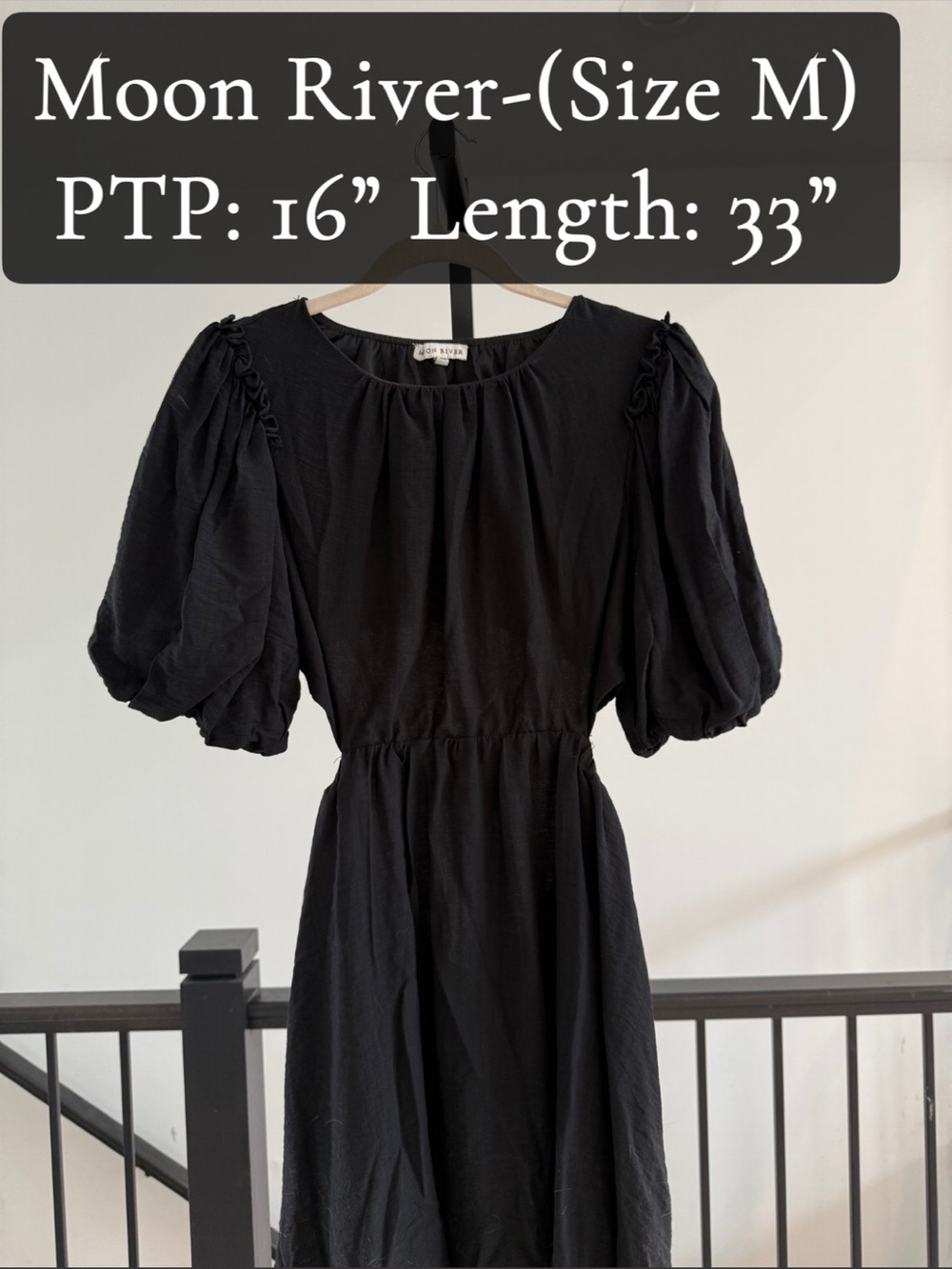 Moon River Black Puff-Sleeve Midi Dress